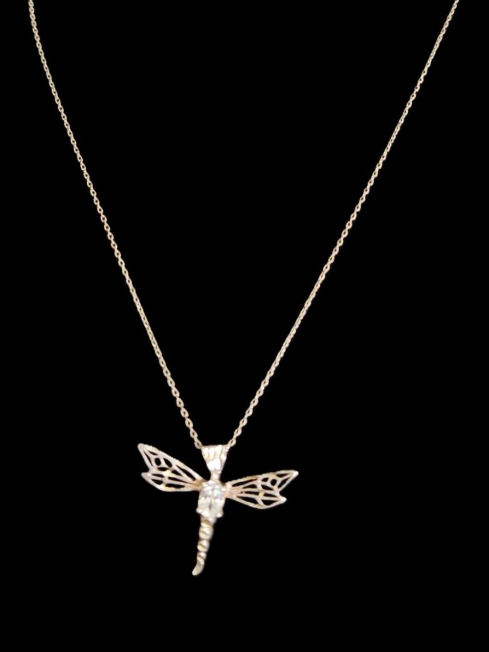 VTG 90s Sterling Silver & Cubic Zirconia Dragonfly Necklace 925 16 inches